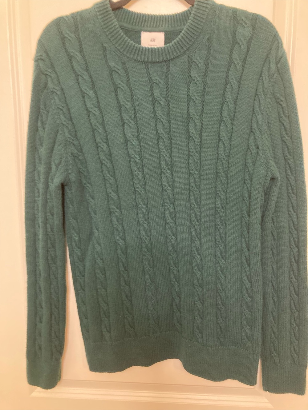 H&M Mens Crewneck Sweater Regular Fit Forest Green Cable Knit Fisherman Preppy S